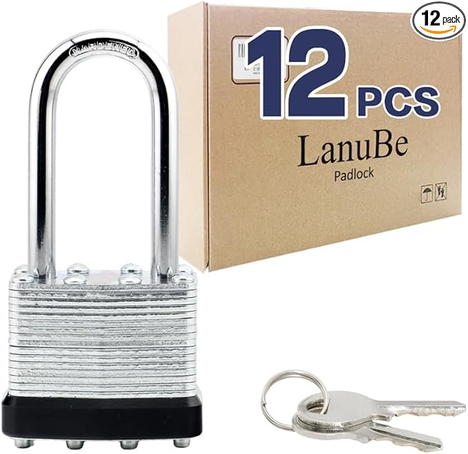LanuBe Lock Laminated keyed Padlock (1-9/16", 40mm), keyed Alike Locks, Long Shackle,Marked Black Plastic Hoop, Pack of 12