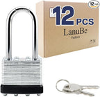 LanuBe Lock Laminated keyed Padlock (1-9/16", 40mm), keyed Alike Locks, Long Shackle,Marked Black Plastic Hoop, Pack of 12