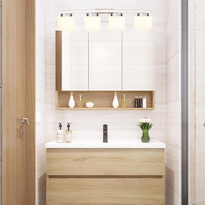 4-Light Modern Chrome Vanity Light Fixture with White Glass Shade for Bathroom Over Mirror, 31.5 Inches