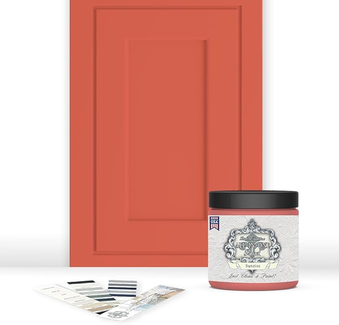 ALL-IN-ONE Paint, Durable cabinet and furniture paint. Built in primer and top coat, no sanding needed. Includes our 30 featured color card - Sunrise (orange-coral), 8oz Sample