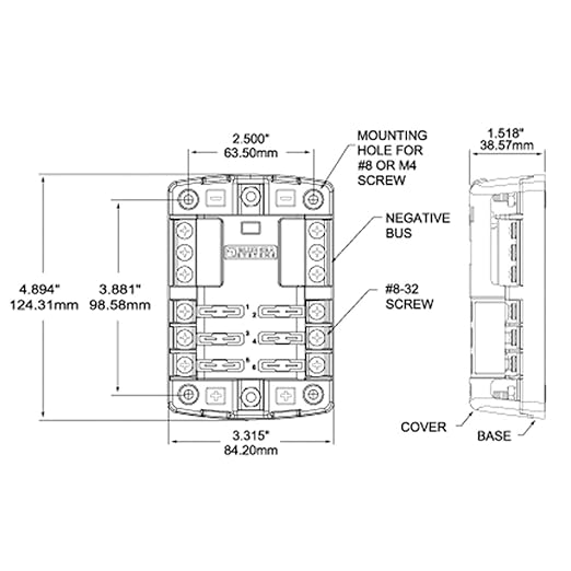 Blue Sea Systems 5025 ST Blade Fuse Block 6 Way Circuits with Negative Bus and Cover, 100 Amps