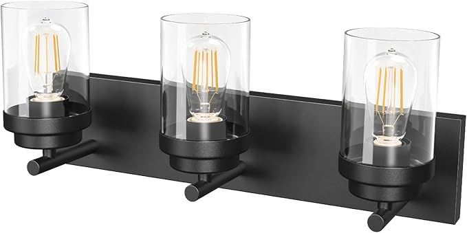 Bathroom Vanity Light Fixture with Clear Glass Shade, 3-Light Matte Black Bathroom Light Fixtures Over Mirror, Modern Vanity Lighting Fixtures for Bathroom/Living Room/Bedroom, E26 lamp Holder