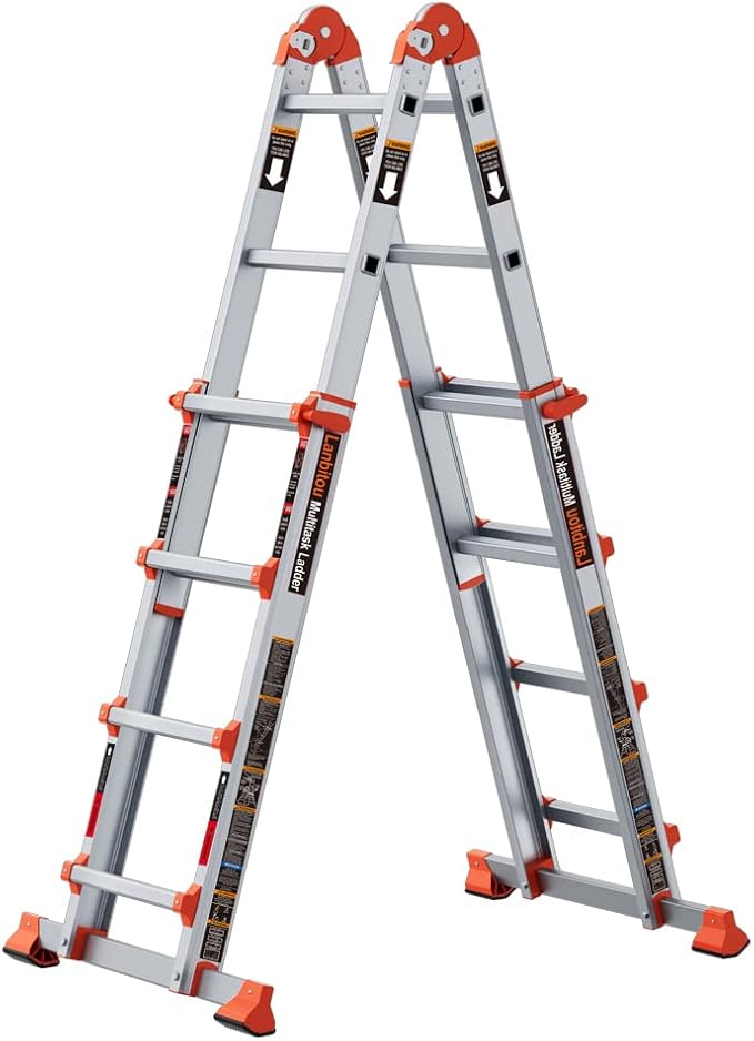 Ladder, A Frame 4 Step Ladder Extension, 14 FT Anti-Slip Multi Position & Storage Folding Ladder, 330 lbs Security Load Telescoping Aluminum Ladders for Stairs Home Indoor Outdoor Roof