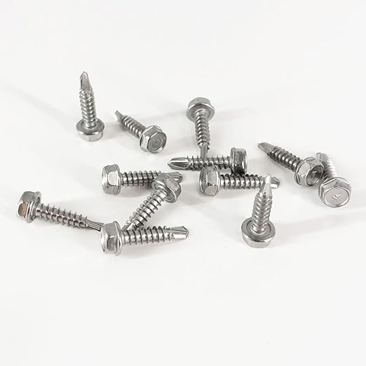 QSJ 390PCS #8 x 3/4'' Sheet Metal Screws 410 Stainless Steel Hex Washer Head Fast Self Tapping Screws with Screwdriver Bit Silver