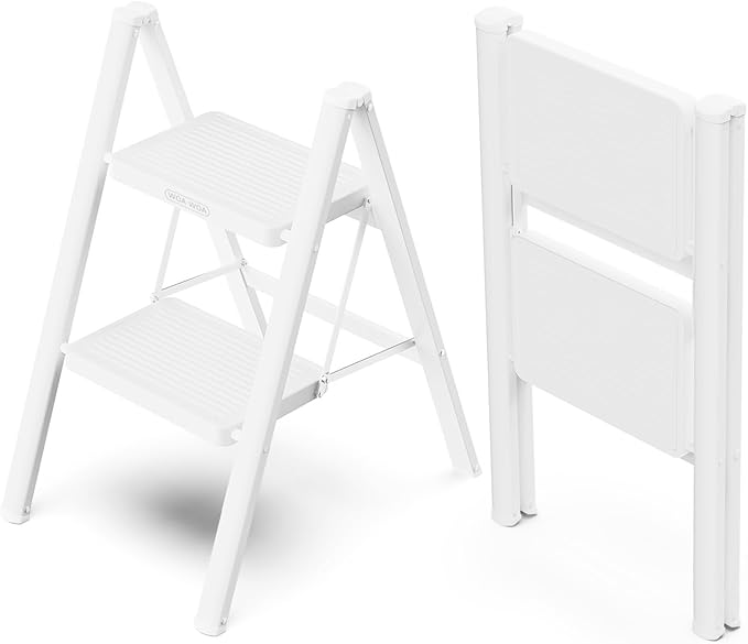 WOA WOA 2 Step Ladder, Folding Step Stool with Broad Pedals, Compact Stepping Stool, Sturdy Steel Ladders for Home with Anti-Slip Feet, Supports up to 330 lbs - White