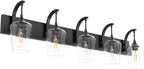 Ralbay Matte Black Bathroom Light Fixtures 5-Lights Industrial Black Vanity Lights Clear Glass Vintage Edison Matte Black Wall Mount Light Fixture for Bathroom