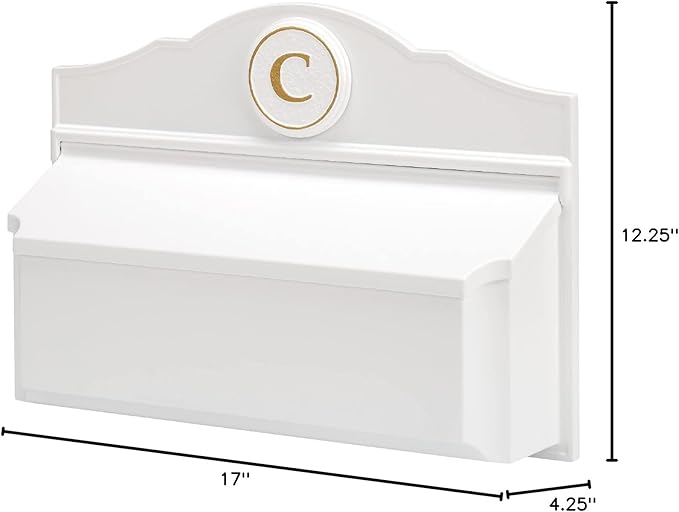 Whitehall Custom Wall Mount Mailbox Package - Mail Box with Monogram, Sand Cast Aluminum, Classic Design White Personalized in Goldtone
