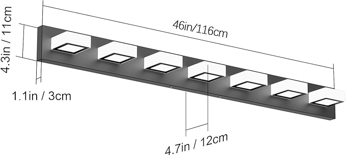 Ralbay 46" LED Modern LED Black Vanity Lights Fixtures 7 Lights Acrylic Matte Black Vanity Lights Modern Black Bathroom Wall Lighting Over Mirror