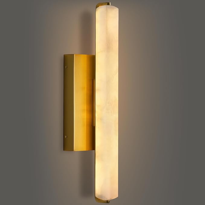 Alabaster Wall Sconces, 15in Brass Alabaster Sconce, Modern Spanish Natural Marble Sconces Lights, Rectangle Gold Sconces for Bathroom Vanity Bedroom Living Room Staircases Hallway