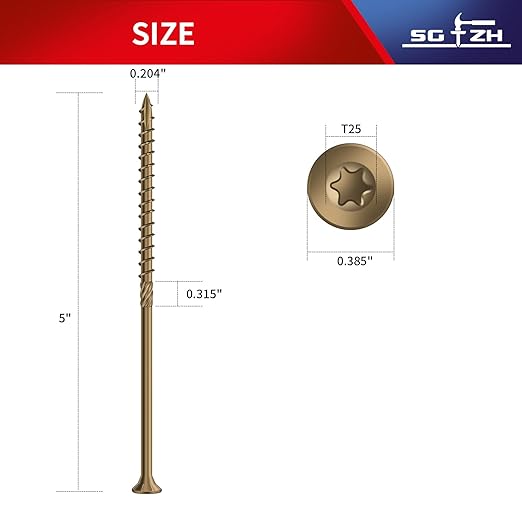 #10 x 5 Inch Deck Screws (36Pcs) 1lb. Carbon Steel, Yellow, Flat Head, Rust Resistant epoxy Coated, with T25 Star Bit