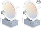 2 Pack Recessed Lighting 6 Inch with Junction Box, 2700K/3000K/4000K/5000K/6000K Dimmable Flush Mount Ceiling Light, 15W 1200lm Canless Recessed Lighting-ETL and Energy Star Certified