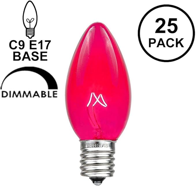 Novelty Lights Incandescent Christmas Replacement Bulbs - Indoor/Outdoor Individual Bulbs for Christmas Tree, Display, & More - C9/E17 Intermediate Base, 7 Watt Lights (Pink, 25 Pack)