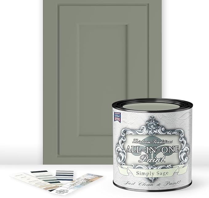 ALL-IN-ONE Paint, Durable cabinet and furniture paint. Built in primer and top coat, no sanding needed. Includes our 30 featured color card - Simply Sage (gray green), Quart
