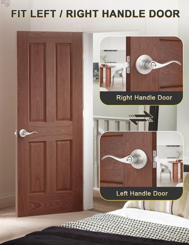 Mengico 6 Pack Satin Nickel Privacy Door Lever, Modern Interior Door Knobs Locks for Bedroom and Bathroom, Heavy Duty Door Handle, Reversible Wave Lever Handle
