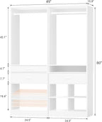 Unikito 50” W x 80'' H Closet Organizer Storage System with 2 Hanging Rod and 2 Wooden Drawers, Adjustable Shoes Rack, 4 Cubby Storage, Walk-in Closet Tower for Bedroom, Mudroom, and Entryway, White