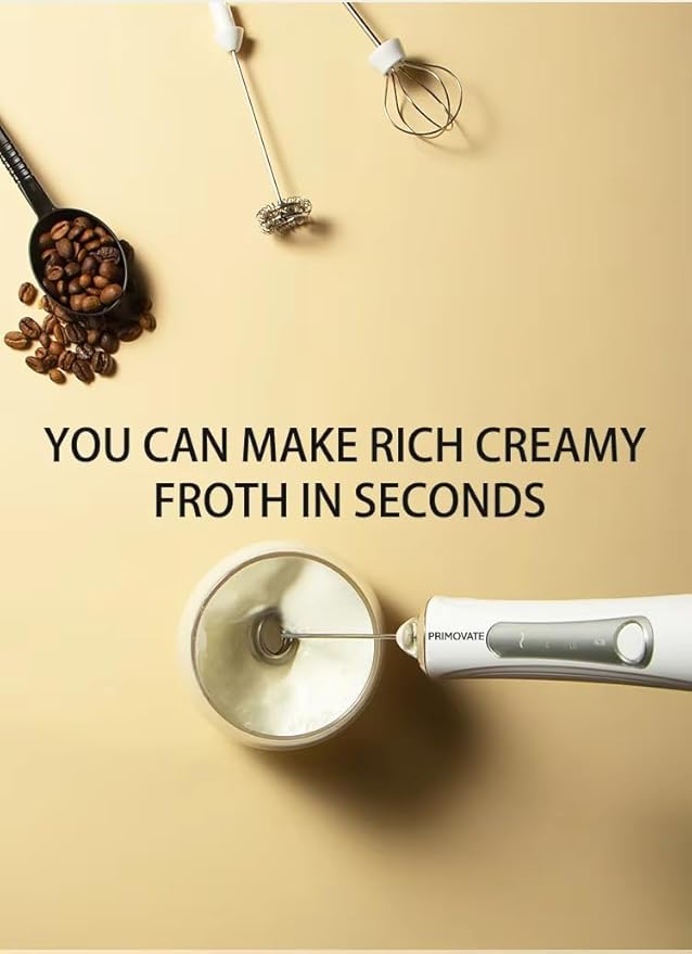 Rechargable Milk Frother, Handheld Drink Mixer with Whisk Attachment, 2025 upgraded, powerfull 3 speed motor, Type C charging with charge light, with extra egg mix head (White with Stand)