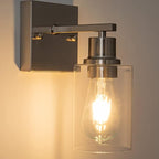 EMONG Brushed Nickel Bathroom Light Fixtures, 1-Light Vanity Lights with Clear Glass Shade, Wall Sconces for Hallway, Farmhouse, Living Room, Kitchen