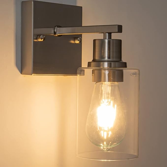 EMONG Brushed Nickel Bathroom Light Fixtures, 1-Light Vanity Lights with Clear Glass Shade, Wall Sconces for Hallway, Farmhouse, Living Room, Kitchen