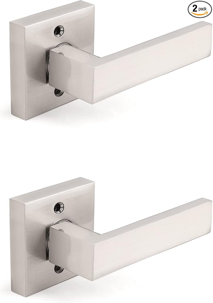 Gobrico 2 Pack Square Door Hardware in Satin Nickel/Single-Side Half Dummy Door Lock Decorative Door Handles Interior Door Levers