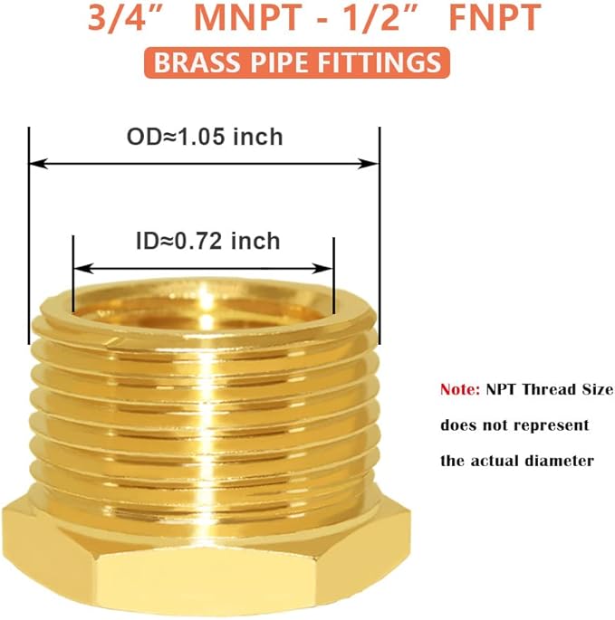 Hooshing 6PCS Brass Pipe Fitting Reducer Hex Bushing 3/4" NPT Male x 1/2" NPT Female Thread Reducer Hose Tube Atapter