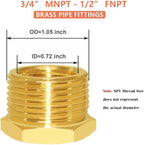 Hooshing 6PCS Brass Pipe Fitting Reducer Hex Bushing 3/4" NPT Male x 1/2" NPT Female Thread Reducer Hose Tube Atapter