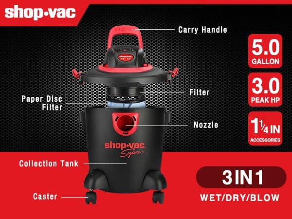 Shop-Vac 2035089 Wet/Dry Vacuum Cleaner, 5 Gallon, 3.0 Peak HP, 1.25 Inch Diameter x 7 Foot Hose, 7 Foot Cord, Ideal for Jobsite, Garage & Workshop