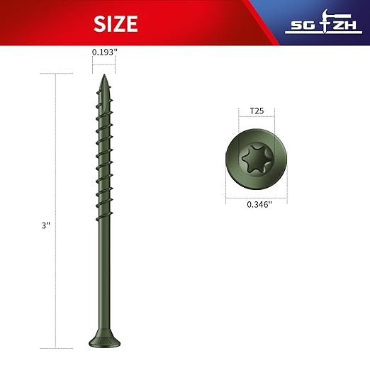 #9 x 3 Inch Deck Screws (69Pcs) 1lb. Exterior Wood Screws. Carbon Steel, Green, Flat Head, Rust Resistant epoxy Coated, with T25 Star Bit