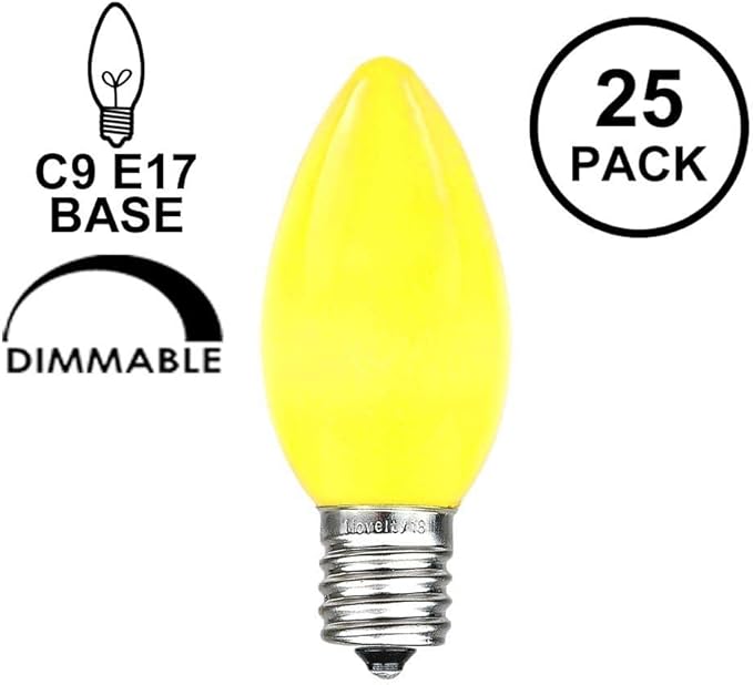 Novelty Lights 25 Pack C9 Ceramic Outdoor Christmas Replacement Bulbs, Yellow, E17/C9 Intermediate Base, 7 Watt
