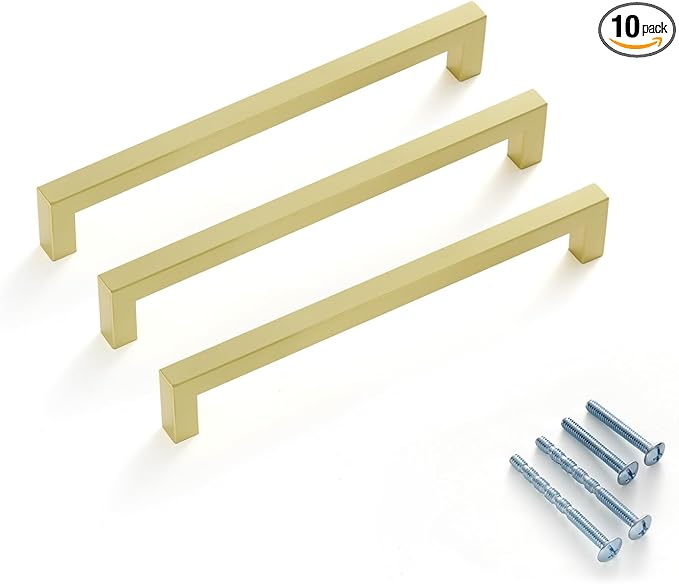 10 Pack 8 Inch Brass Cabinet Handles Brushed Brass Cabinet Pulls Imitation Gold Cabinet Pulls Square Gold Pulls Brass Cabinet Hardware for Cabinet, Cupboard, 8'' Hole Centers