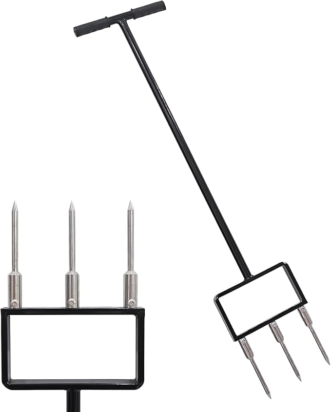 Lawn Aerator, Core Aerator Lawn Tool, Stainless Steel 3-Corer Lawn Hand Aeration – Manual Yard Plug Aerator for Compacted Garden Soil, Garden Care, Gardening Core Aeration Tool (Spike Tine)