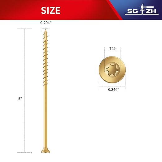 #10 x 5 Inch Deck Screws (36Pcs) 1lb. Exterior Wood Screws. Carbon Steel, Tan, Flat Head, Rust Resistant epoxy Coated, with T25 Star Bit