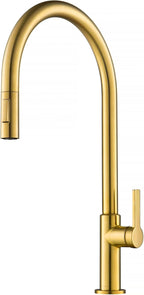KRAUS Oletto High-Arc Single Handle Pull-Down Kitchen Faucet in Brushed Brass, KPF-2821BB