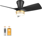 30" Black low profile Ceiling Fan with Light, with Gold Trim Ring, Large Air Volume, flush mount ceiling fan for Bedroom Kitchen Dining room Patio