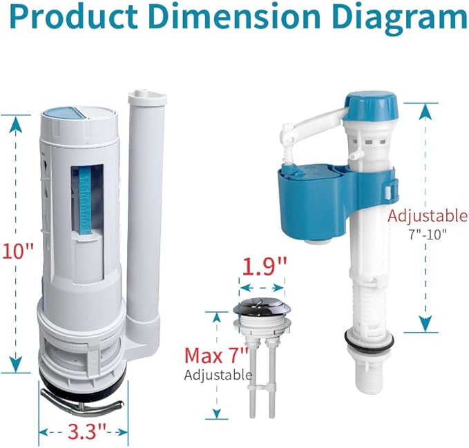 2-Inch Dual Flush Valve Replacement Kit for One-Piece Toilets - Includes 10" Tall Flush Valve, 1.9" Threaded Button, Fill Valve - Fits 12-17" Tall Tanks with 2.56-2.76" Drain Holes
