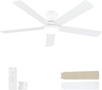60 Inch White Ceiling Fans with Lights and Remote, LED Low Profile Flush Mount Ceiling Fan for Bedroom, Living Room, Quiet DC Motor, Dimmable 6 Speeds