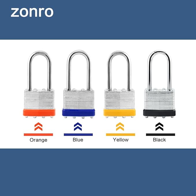 ZonRo Locks Laminated Steel Keyed Padlocks Keyed Alike Locks, Long Shackle Padlocks, for Hasp Latch, Sheds, Fences, Storage Locker, School, Gym，Pack of 6