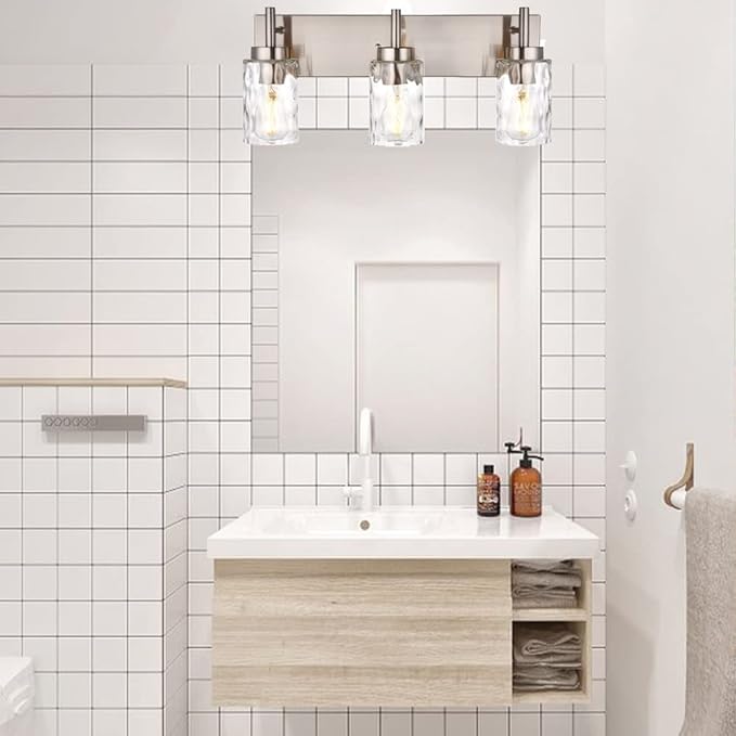 BONLICHT Brushed Nickel Vanity Light Modern 3 Light Bathroom Lighting Fixture Over Mirror with Clear Hammered Glass Shade, Industrial Indoor Farmhouse Wall Mounted Lamp for Powder Room Kitchen Hallway