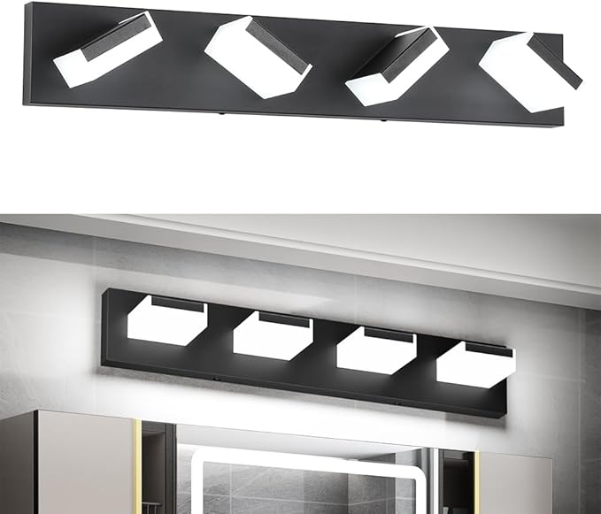 Aipsun Matte Black Bathroom Light Fixtures 4 Lights LED Modern Wall Light Over Mirror (White Light 6000K)