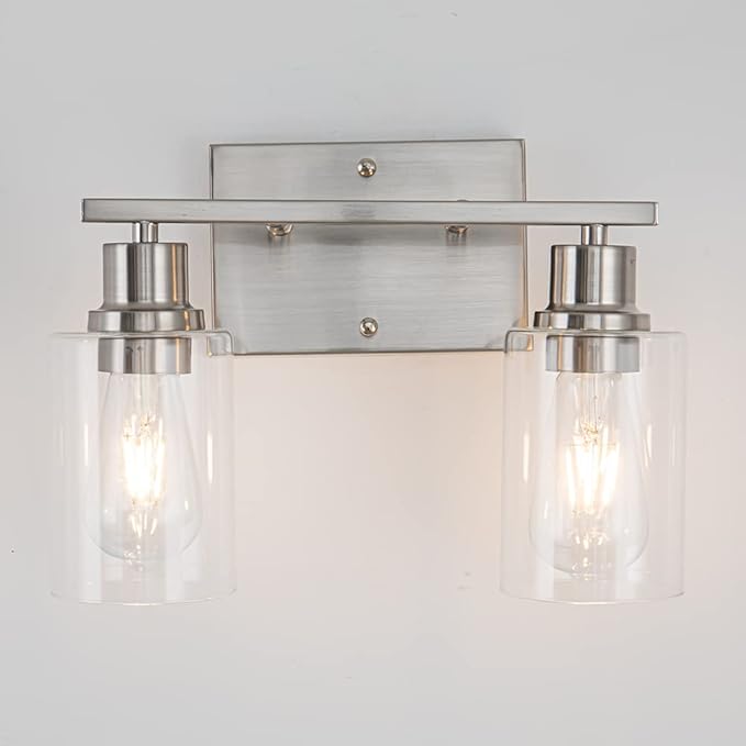 EMONG Brushed Nickel Bathroom Light Fixtures, 2-Light Vanity Light with Clear Glass Shade, Wall sconces for Hallway, Farmhouse,Bedroom Room,Kitchen
