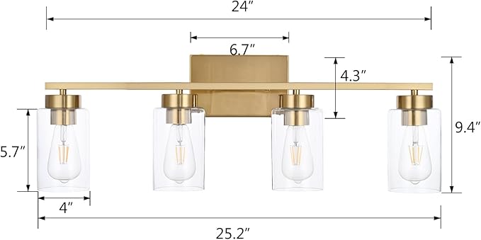 4 Light Bathroom Vanity Light Fixtures, Brushed Brass Modern Wall Lights with Clear Glass Shade, Vintage Wall Sconce Lighting for Living Room, Mirror, Bedroom, Hallway (Gold, 4-Lights)