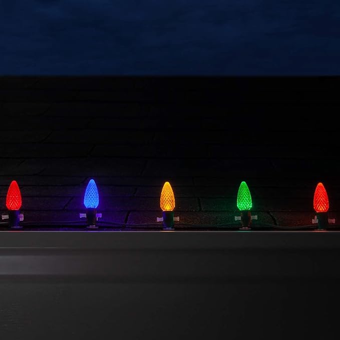 Wintergreen Lighting 25 Pack OptiCore Multicolor C9 LED Christmas Light Bulbs - Replacement Christmas Light Bulbs, Heavy Duty Polycarbonate, E17 Base (Faceted)