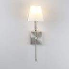 PERMO Single Classic Rustic Industrial Wall Sconce Hardwired Lighting Fixture with Flared White Textile Lamp Shade and Brushed Nickel Tapered Column Stand,Hardwired E26 Base