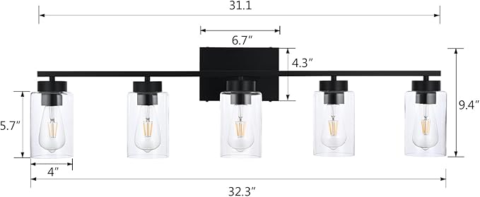 5 Light Bathroom Vanity Light Fixtures, Matte Black Modern Wall Lights with Clear Glass Shade, Vintage Wall Sconce Lighting for Living Room, Mirror, Bedroom, Hallway (Black, 5-Lights)