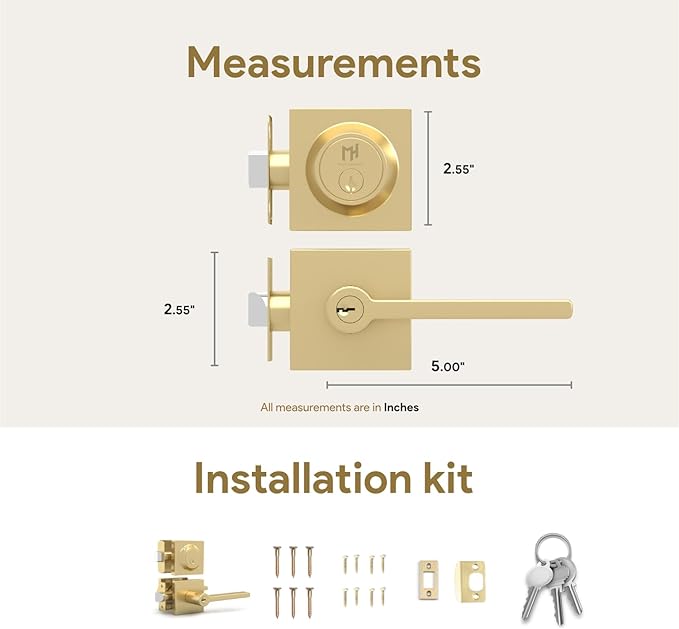 Mega Handles Prime Entrance Combo, Entry Lever Door Handle and Single Cylinder Deadbolt Lock and Key Combo Pack, Heavy Duty Square Locking Door Levers Set for Left or Right-Handed Doors - Satin Brass