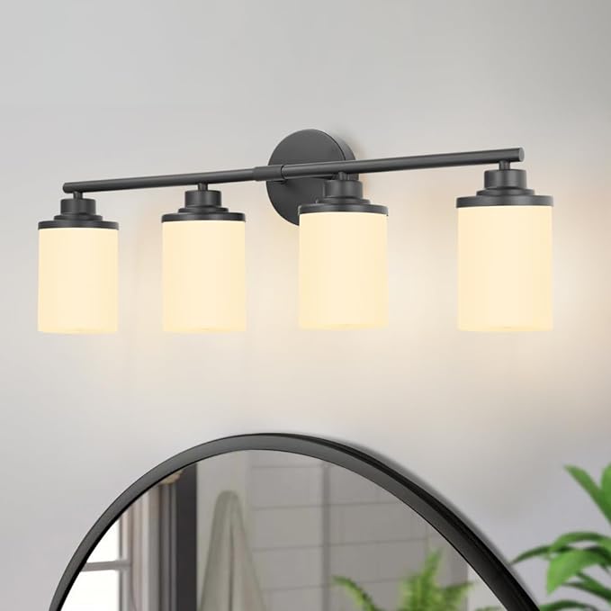 Modern Bathroom Vanity Light Fixture, 4-Light Sconces with Frosted Glass, Matte Black