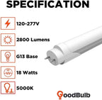 GoodBulb 48-Inch T8 LED Light Bulbs 18-Watt, 5000K Daylight White Light Color, 2800-Lumens, Type A+B with Medium Bi-Pin Base (Pack of 25 Bulbs)