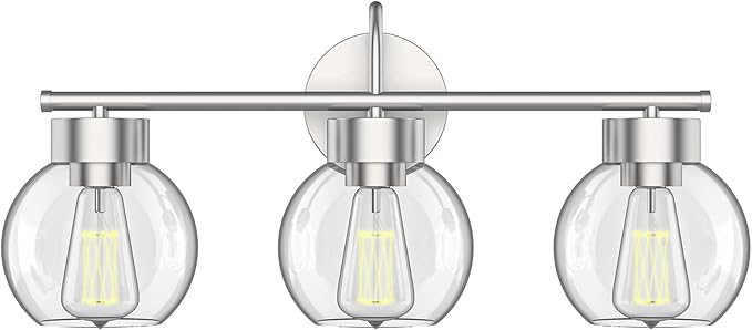 EAPUDUN 3 Light Bathroom Vanity Light, Brushed Nickel Bathroom Light Fixtures with Clear Glass Shade Wall Sconce, Porch Wall Lamp for Mirror, WLA1435-BNK