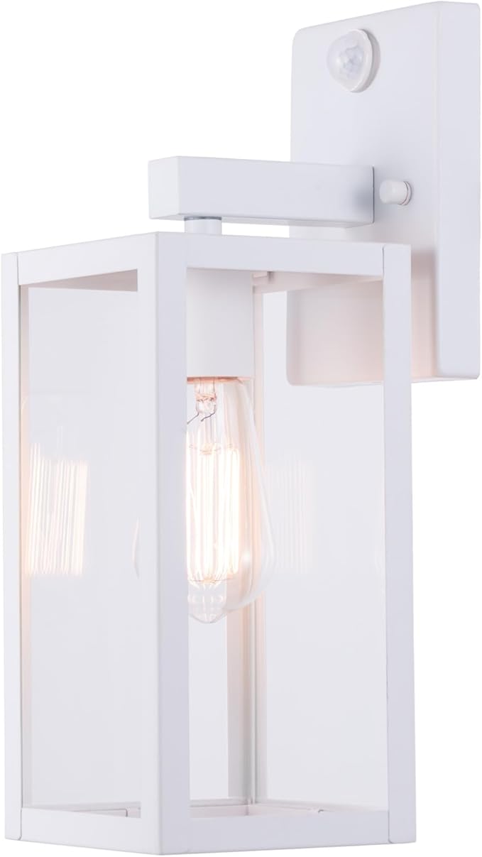 GRUENLICH Dusk to Dawn Large Outdoor Wall Lantern, PIR Motion Sensor Wall Sconce, E26 Base Max 60W, Metal Housing Plus Glass, White Finish, Bulb Not Included, 2-Pack