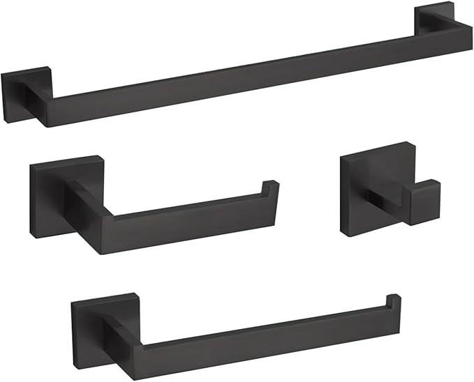 4-Piece Bathroom Hardware Set, Towel Rack Towel Bar Towel Holder Toilet Paper Holder Matte Black Towel Hooks Modern Square Stainless Steel Wall Mounted Bathroom Accessories Set (16inch)