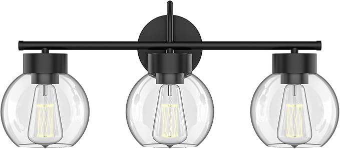EAPUDUN 3 Lights Vanity Light Fixtures Over Mirror, Matte Black Farmhouse Bathroom Light Fixtures with Clear Glass Shades,Industrial Wall Light Fixture for Bathroom Over Mirror WLA1435-MBK